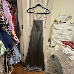 Amsale Strapless Charcoal Satin Dress